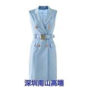 2023夏季高品质浅蓝色无袖铆钉扣西装领连衣裙系带收腰马甲连衣裙