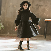 2019冬季韩版女童保暖连衣裙魔法师，菱格蓬蓬裙中大童羽毛袖子长裙