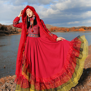 两人故事复古民族风女装红色棉衣丽江西藏中长款棉服外套WT0545