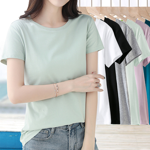 浅绿色短袖t恤女常规修身纯棉，2024年大码圆领夏季小清新体桖