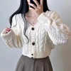 韩国chic秋季显瘦三粒扣v领针织，开衫复古麻花纹长袖短款毛衣外套