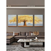 手绘油画横版金黄色发财树沙发，背景墙装饰画客厅挂画现代肌理