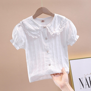 女童衬衣短袖2024夏季韩版娃娃领上衣洋气，泡泡袖儿童白色衬衫