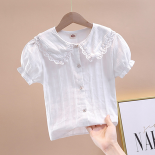 女童衬衣短袖2024夏季韩版娃娃领上衣洋气泡泡袖儿童白色衬衫