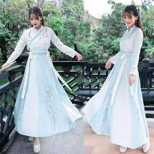 中国风改良传统日常汉服，套装女夏古装绣花交领齐腰襦裙学生演出服
