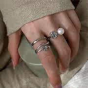 甜美玫瑰花朵戒指女优雅气质珍珠S925银开口指环叠戴食指戒潮