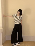 XANDRA24春夏黑白色条纹logo假两件T恤短袖针织衫高腰垂感阔腿裤