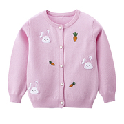 春季女童卡通刺绣小兔儿童圆领针织开衫女宝宝薄毛衣外套上衣