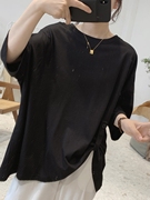 韩国不规则t恤女夏季七分袖宽松大码显瘦圆领蝙蝠型棉质半袖上衣