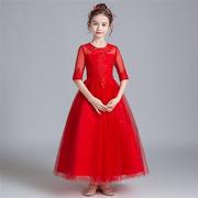 儿童礼服公主裙洋气花童婚纱，女童红色长款小主持人钢琴伴娘服春秋