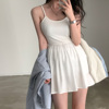 韩国chic夏季简约气质清新休闲芭蕾设计感显瘦纯色短款吊带连衣裙