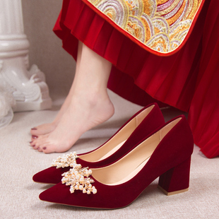 秋季婚鞋女粗跟2023新娘，中式红色加绒秀禾婚纱，两穿高跟不累脚