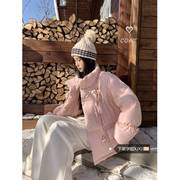 甜美少女立领棉服外套，女装冬季2023粉红色牛角，扣保暖宽松棉衣