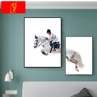现代简约二联骏马骑马装饰画客厅，卧室沙发办公室人物赛马二连挂画