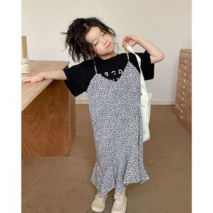 韩版2024春夏款儿童短袖字母T恤女童洋气豹纹吊带背带裙连衣裙潮