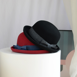 帽子女秋冬圆顶卷边小沿礼帽，英伦复古羊毛蝴蝶结，甜美可爱日系盆帽