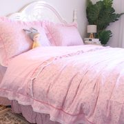 韩版田园风浅紫色蕾丝花边，床上四件套全棉纯棉花卉被套荷叶边