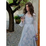 mqueen烟雨玫瑰，法式浪漫印花度假吊带连衣裙雪纺，长开衫套装9358