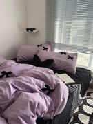 温柔ins奶紫色拼黑色，蝴蝶结水洗棉，四件套床单学生被套三件套床笠