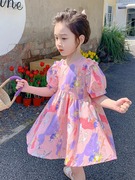 女童夏装粉色连衣裙甜美卡通连衣裙，洋气2023花边，泡泡袖公主裙