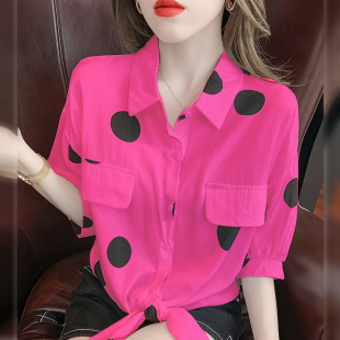 小清新波点衬衫女夏季2024年韩版宽松泡泡袖，上衣洋气系带衬衣