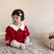 女童毛衣套装秋冬装婴儿，针织开衫外套+背带包屁裤宝宝，新年外出服