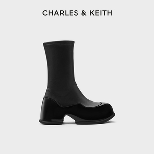 CHARLES&KEITH秋冬女靴CK1-90920129时尚拼接粗跟拉链弹力靴女