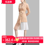 AUI卡其色长款修身西装外套女2023秋冬设计感假两件修身西服