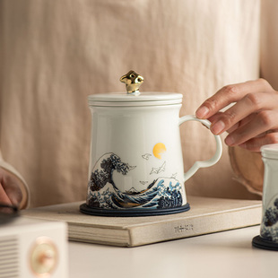 鎏金陶瓷泡茶杯，带盖茶水分离马克杯子，个人女性专用办公室水杯男士