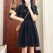 夏季韩版小黑裙显瘦POLO领短裙子高级感学院黑色衬衫连衣裙女