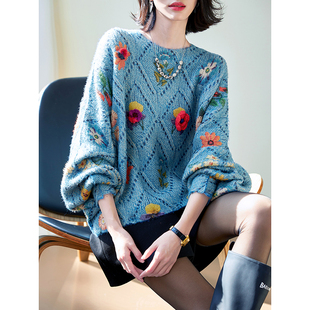 宝诗黎蝙蝠(黎蝙蝠)袖，立体提花慵懒毛衣，2024春季短款宽松针织上衣女