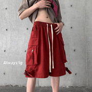 夏季韩版复古多口袋红色，男女工装短裤潮流休闲宽松情侣五分裤