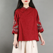 民族风复古刺绣棉麻上衣女夏装中国风盘扣茶服七分袖中式棉麻衬衫