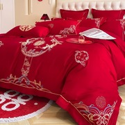 中式简约刺绣婚庆，四件套大红色床单被套，纯棉高档结婚床上用品婚房