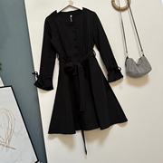 春秋黑色极简风喇叭，袖中长款小个子收腰显瘦气质，连衣裙0113