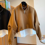 潮流高货韩系设计感立领套头卫，衣女下摆抽绳拼接假两件秋季短款上