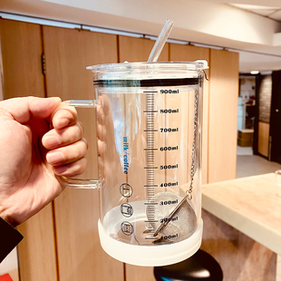 吸管杯玻璃杯大容量1000ml带刻度把手耐高温水杯男生办公室茶杯子