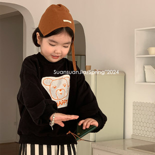 韩系童装女童贴布刺绣卫衣春季儿童休闲圆领黑色套头上衣洋气