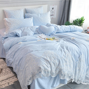韩式蓝色100全棉蕾丝少女公主风，床上四件套纯棉，床裙高级床单被套4