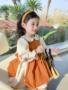 女童秋装2023森系刺绣，公主裙棉麻娃娃领长袖，连衣裙背带裙套装