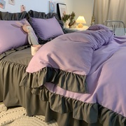 韩式纯紫色公主风，荷叶花边被套床单床裙四件套，学生宿舍床上三件套