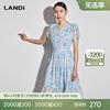 landi蓝地2023年夏季浅蓝色，v领印花碎花，连衣裙女雪纺中长裙子