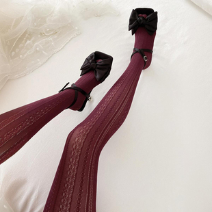 复古蕾丝袜酒红色网袜打底袜子女竖条纹法式编织镂空丝袜连裤袜子