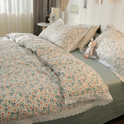 韩式花边款小碎花床上用品纯棉小清新床单被套1.8米全棉四件套女