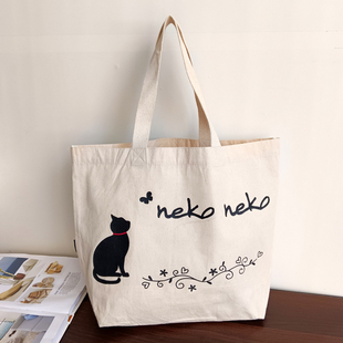日式棉布托特包卡通可爱猫咪帆布包托特女包单肩手提购物收纳包包
