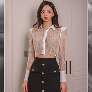 韩国设计师款女装高端透明雪纺衬衫蕾丝衫短款修身长袖洋气设计感
