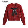 九州诚品jzzdemm竖纹路蝴蝶结，装饰红色毛衣，外套女高级感短款开衫