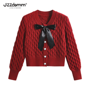 九州诚品/JZZDEMM竖纹路蝴蝶结装饰红色毛衣外套女高级感短款开衫