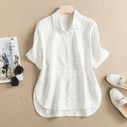 夏季白色亚麻衬衫女短袖，宽松显瘦气质简约舒适棉麻上衣半袖衬衣