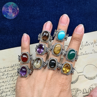 尼泊尔原创手工复古戒指指环，925纯银天然宝石，蛋面水晶玛瑙蓝松